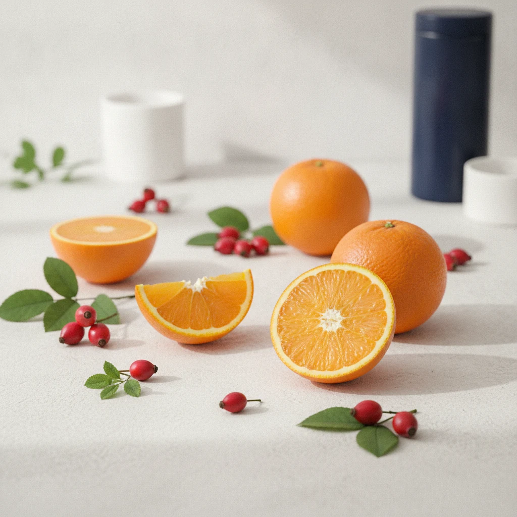 Fresh oranges, rosehip berries and green leaves arranged on a pale stone surface