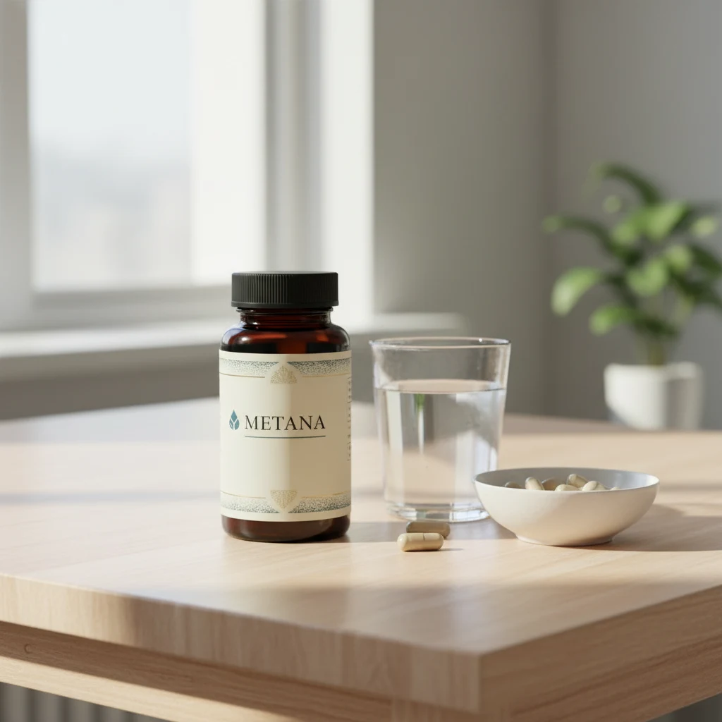 Metana white supplement bottle with label next to a glass of water on a kitchen table